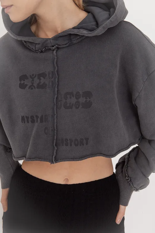 Bayan Antrasit Kapişonlu Baskılı Crop  Sweatshirt - BSL