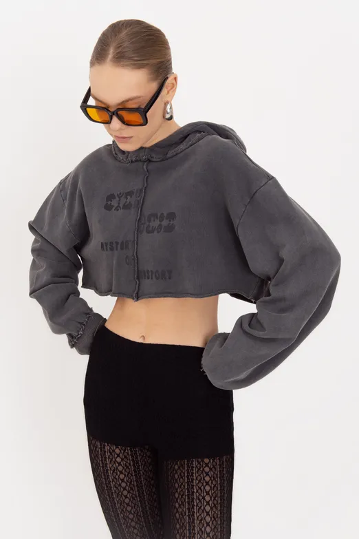 Bayan Antrasit Kapişonlu Baskılı Crop  Sweatshirt - BSL