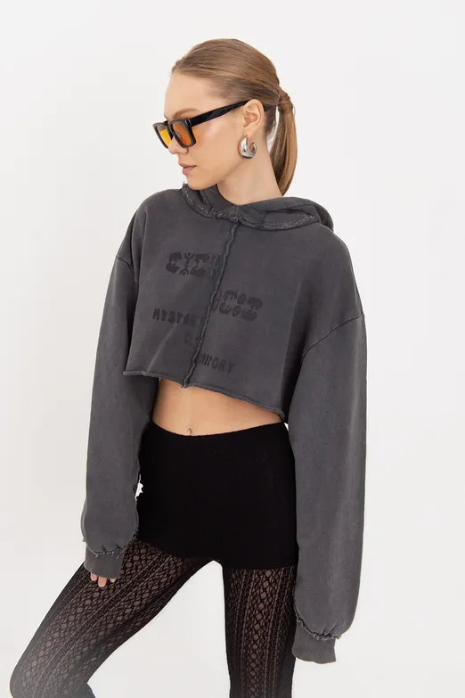 Bayan Antrasit Kapişonlu Baskılı Crop  Sweatshirt - BSL