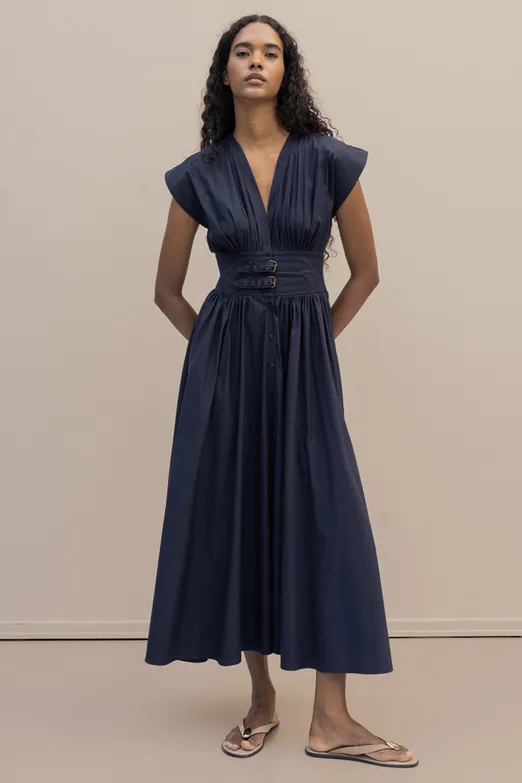 Bayan Lacivert Büzgülü Midi Kloş Elbise - BSL