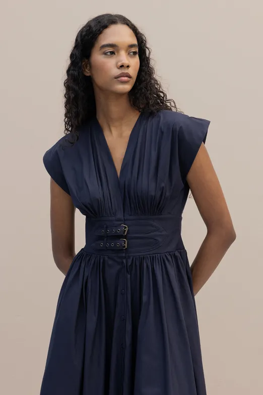 Bayan Lacivert Büzgülü Midi Kloş Elbise - BSL