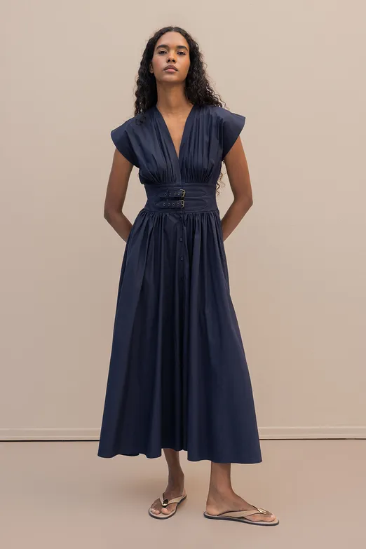 Bayan Lacivert Büzgülü Midi Kloş Elbise - BSL
