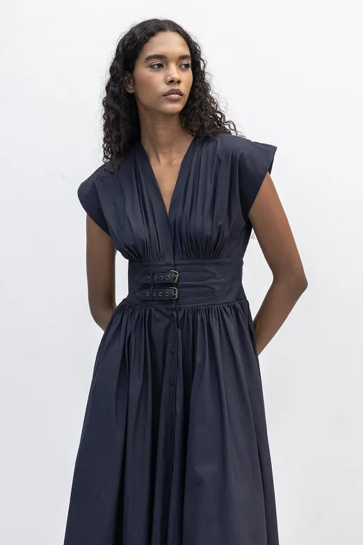 Bayan Lacivert Büzgülü Midi Kloş Elbise - BSL