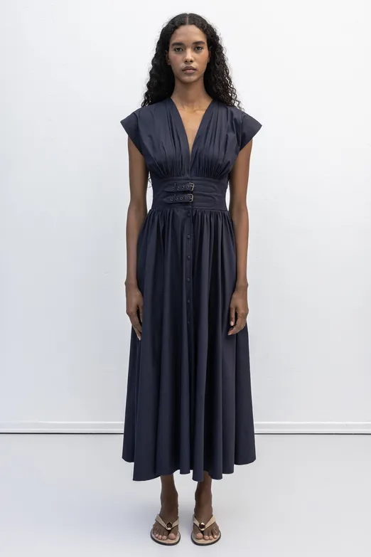 Bayan Lacivert Büzgülü Midi Kloş Elbise - BSL