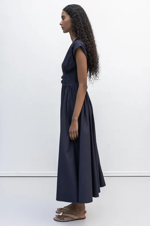 Bayan Lacivert Büzgülü Midi Kloş Elbise - BSL