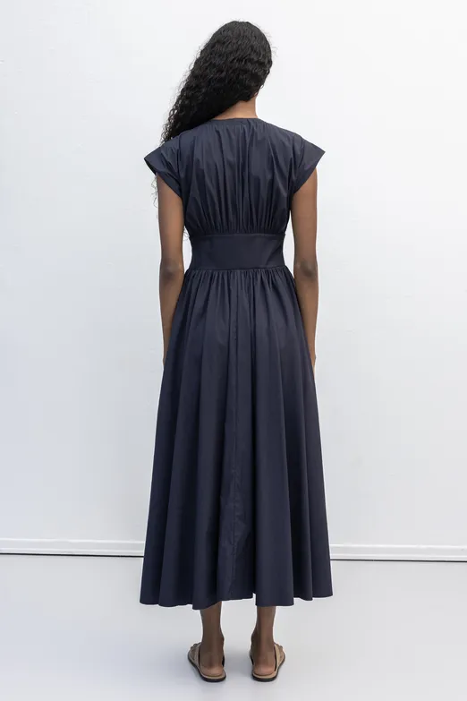 Bayan Lacivert Büzgülü Midi Kloş Elbise - BSL