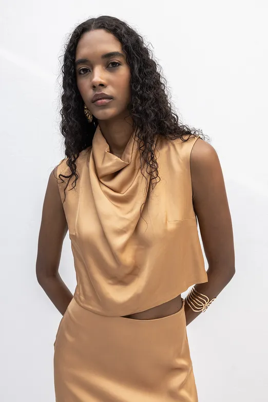 Bayan Camel Degaje Yakalı Saten Bluz - BSL