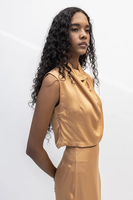 Bayan Camel Degaje Yakalı Saten Bluz - BSL
