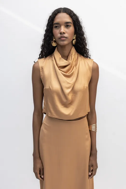 Bayan Camel Degaje Yakalı Saten Bluz - BSL