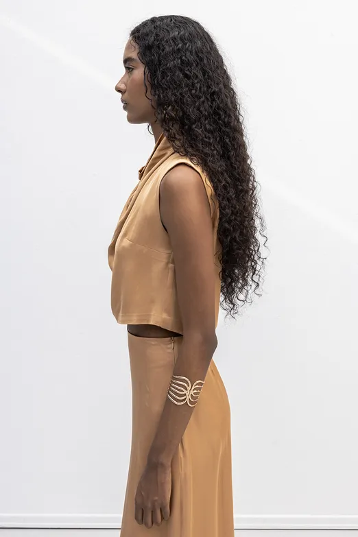 Bayan Camel Degaje Yakalı Saten Bluz - BSL