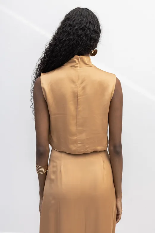 Bayan Camel Degaje Yakalı Saten Bluz - BSL