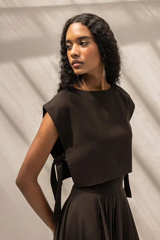 Bayan Kahverengi %100 Tencel Yan Bağlama Detaylı Bluz - BSL