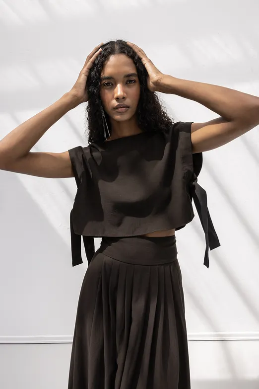 Bayan Kahverengi %100 Tencel Yan Bağlama Detaylı Bluz - BSL