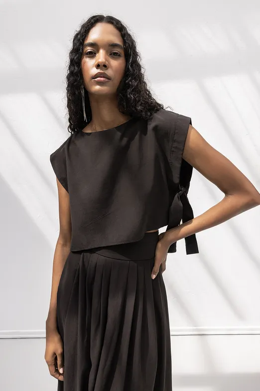 Bayan Kahverengi %100 Tencel Yan Bağlama Detaylı Bluz - BSL