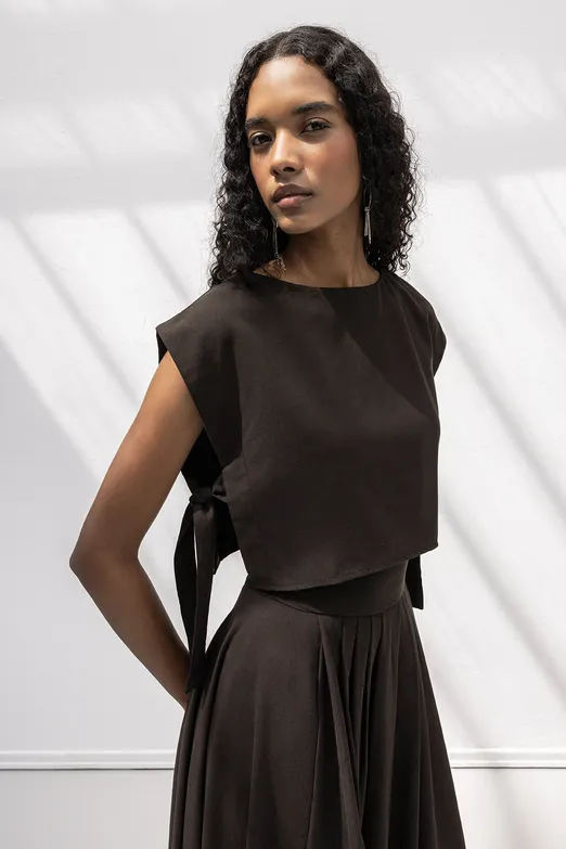 Bayan Kahverengi %100 Tencel Yan Bağlama Detaylı Bluz - BSL