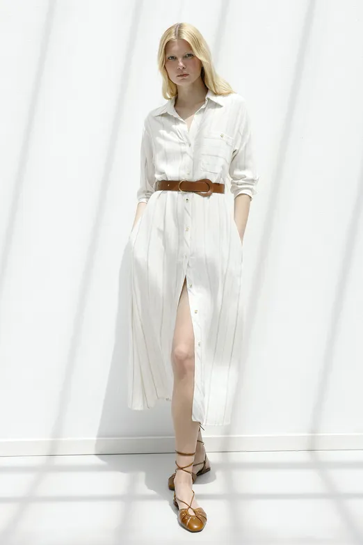 Bayan Ekru Keten Karışımlı Gömlek Elbise - BSL