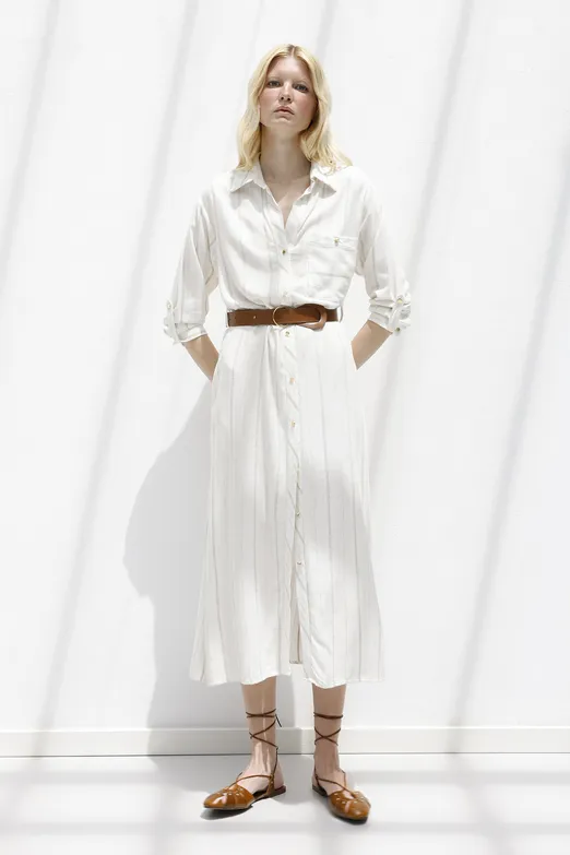 Bayan Ekru Keten Karışımlı Gömlek Elbise - BSL