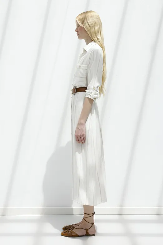 Bayan Ekru Keten Karışımlı Gömlek Elbise - BSL