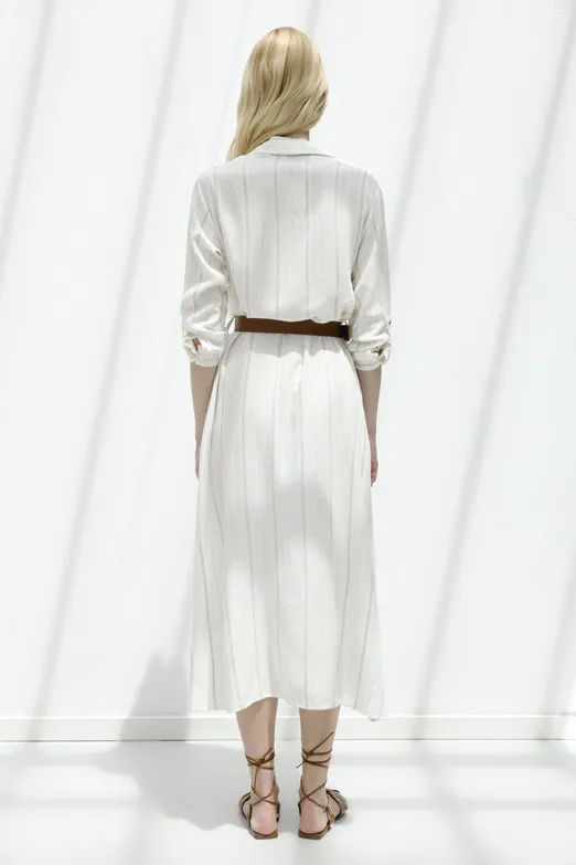 Bayan Ekru Keten Karışımlı Gömlek Elbise - BSL