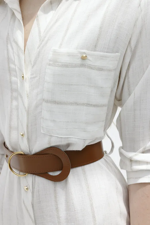 Bayan Ekru Keten Karışımlı Gömlek Elbise - BSL