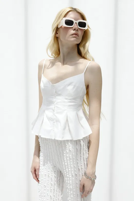 Bayan Beyaz Pileli Askılı Bluz - BSL