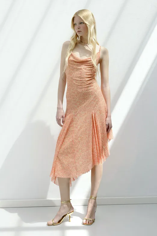 Bayan Somon Asimetrik Etek Detaylı Midi Elbise - BSL