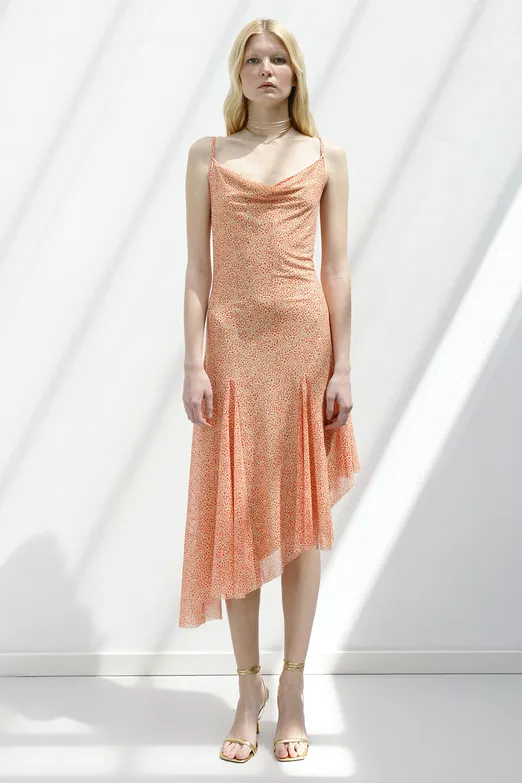 Bayan Somon Asimetrik Etek Detaylı Midi Elbise - BSL