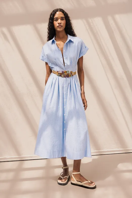 Bayan Mavi Pileli Midi Boy Gömlek Elbise - BSL