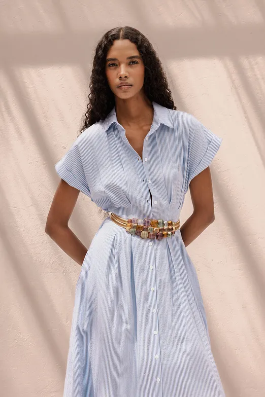 Bayan Mavi Pileli Midi Boy Gömlek Elbise - BSL