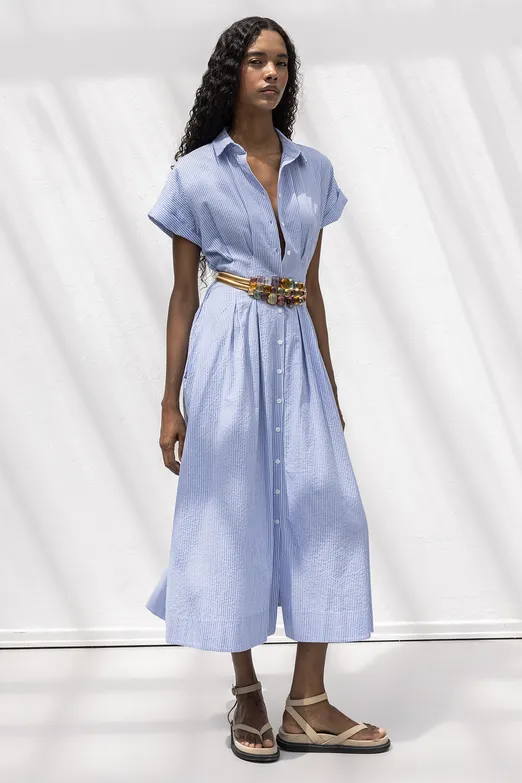 Bayan Mavi Pileli Midi Boy Gömlek Elbise - BSL