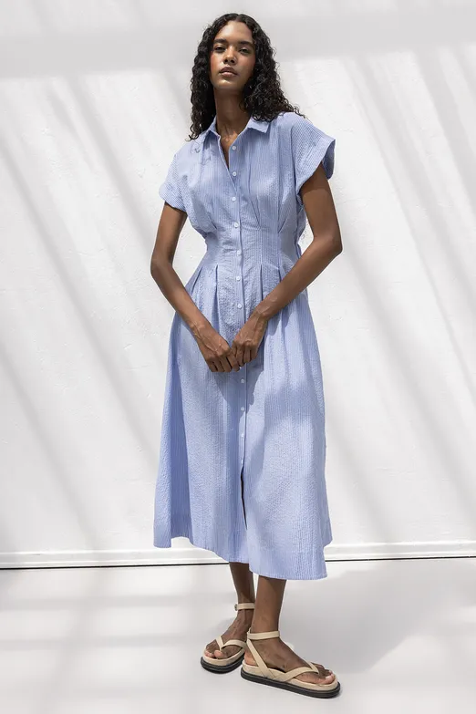 Bayan Mavi Pileli Midi Boy Gömlek Elbise - BSL