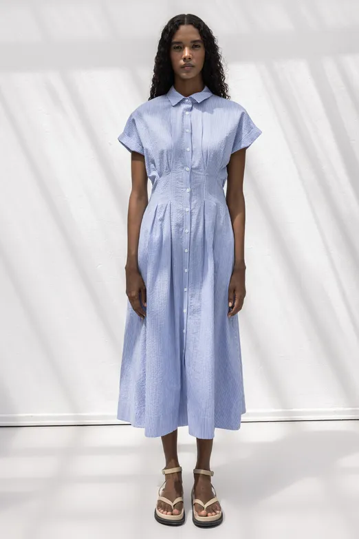 Bayan Mavi Pileli Midi Boy Gömlek Elbise - BSL