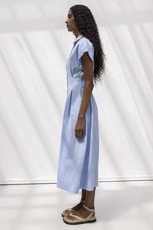 Bayan Mavi Pileli Midi Boy Gömlek Elbise - BSL