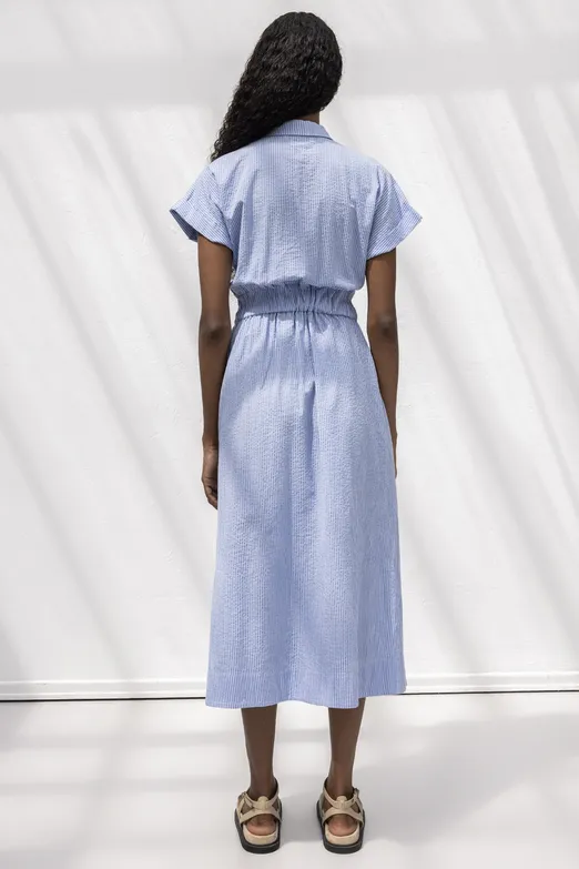 Bayan Mavi Pileli Midi Boy Gömlek Elbise - BSL