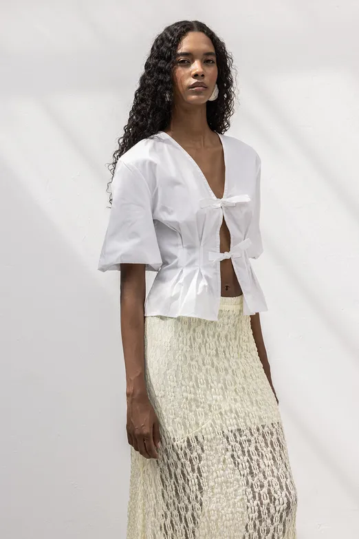 Bayan Beyaz Bağlama Detaylı Poplin Bluz - BSL