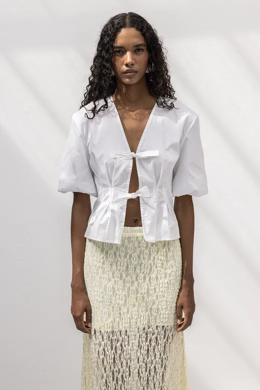 Bayan Beyaz Bağlama Detaylı Poplin Bluz - BSL