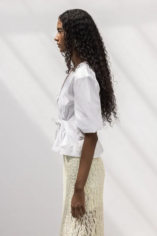 Bayan Beyaz Bağlama Detaylı Poplin Bluz - BSL