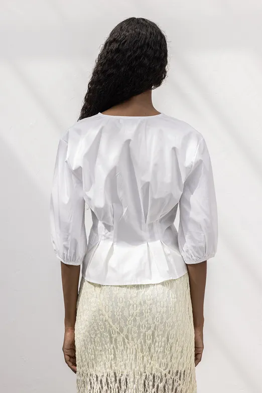 Bayan Beyaz Bağlama Detaylı Poplin Bluz - BSL