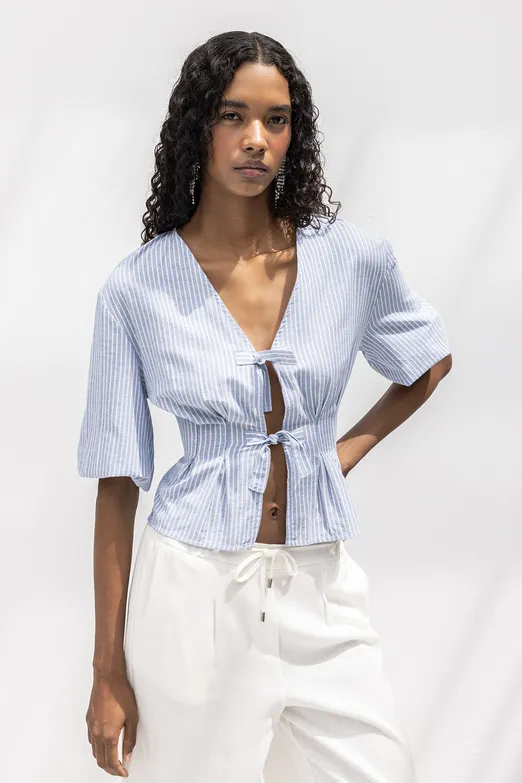 Bayan Mavi Bağlama Detaylı Poplin Bluz - BSL