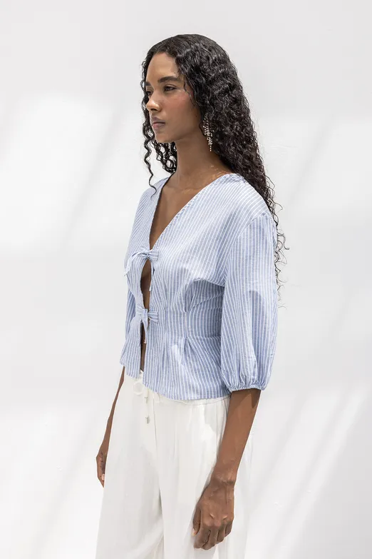 Bayan Mavi Bağlama Detaylı Poplin Bluz - BSL