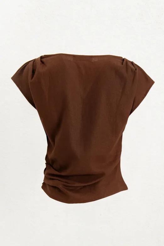 Bayan Kahverengi Drapeli Keten Karışımı Bluz - BSL