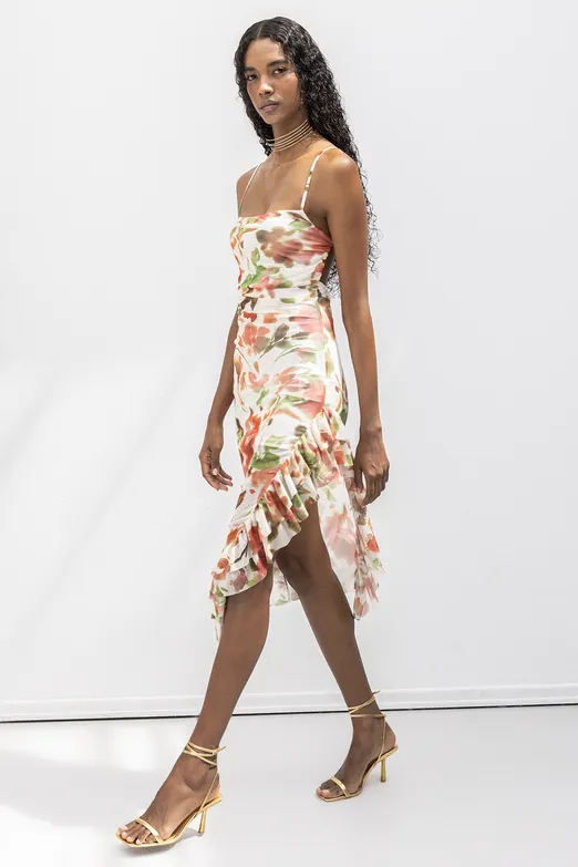 Bayan Ekru Askılı Fırfır Desenli Midi Elbise - BSL