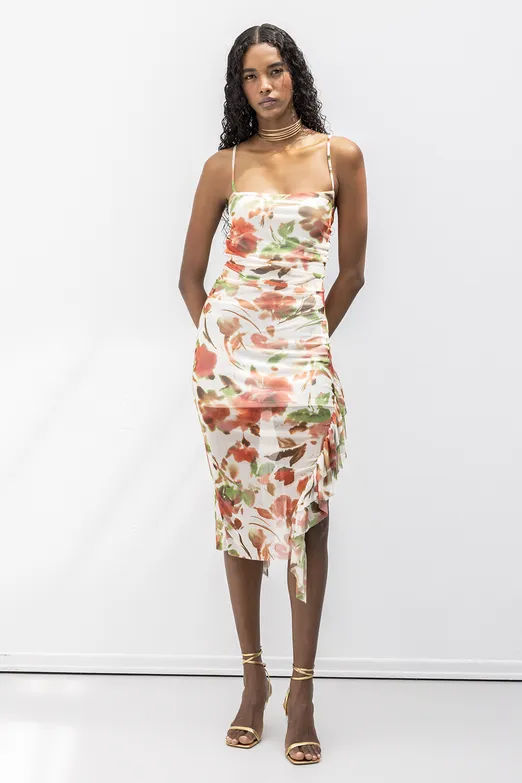 Bayan Ekru Askılı Fırfır Desenli Midi Elbise - BSL