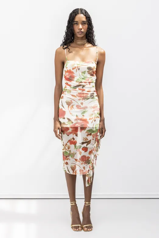 Bayan Ekru Askılı Fırfır Desenli Midi Elbise - BSL