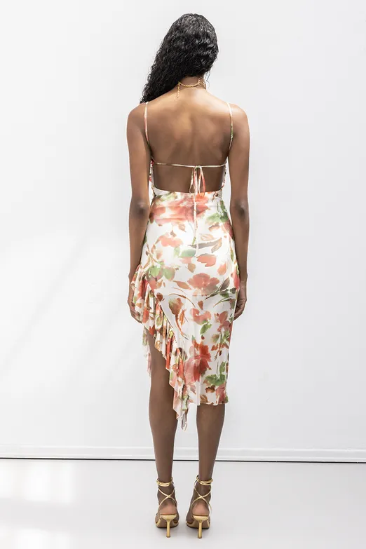 Bayan Ekru Askılı Fırfır Desenli Midi Elbise - BSL