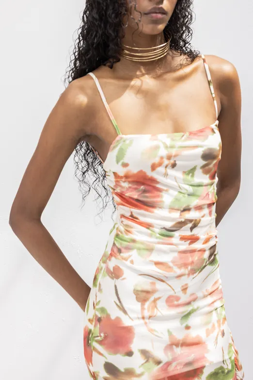 Bayan Ekru Askılı Fırfır Desenli Midi Elbise - BSL