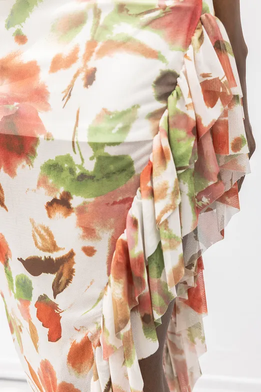 Bayan Ekru Askılı Fırfır Desenli Midi Elbise - BSL