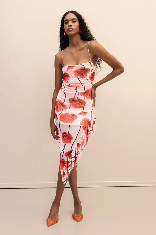 Bayan Pembe Askılı Fırfır Desenli Midi Elbise - BSL