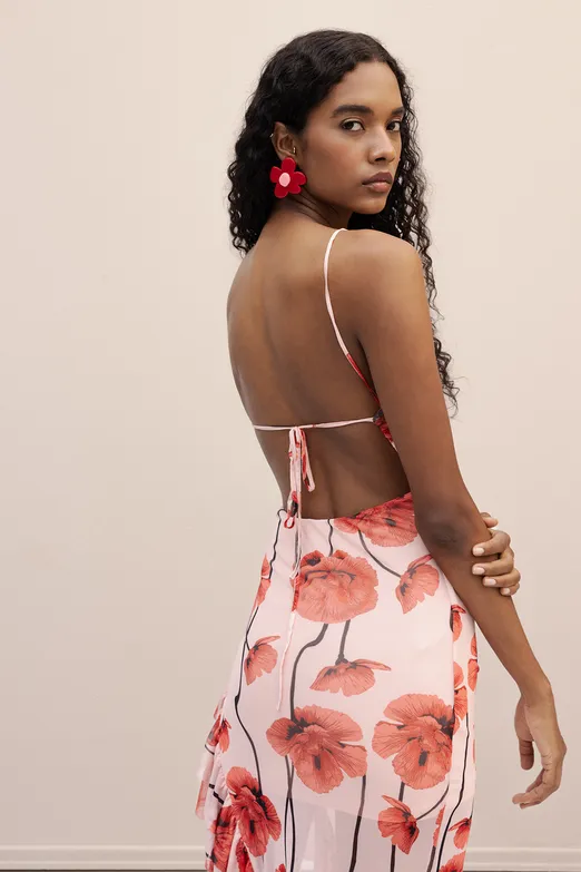 Bayan Pembe Askılı Fırfır Desenli Midi Elbise - BSL