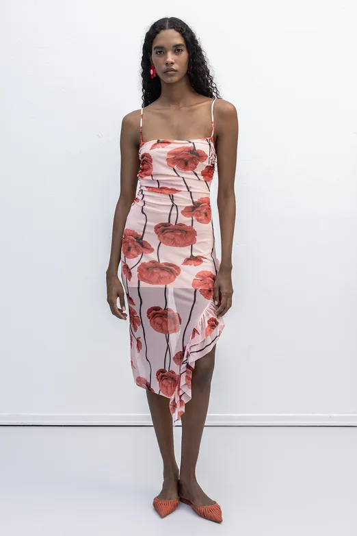 Bayan Pembe Askılı Fırfır Desenli Midi Elbise - BSL